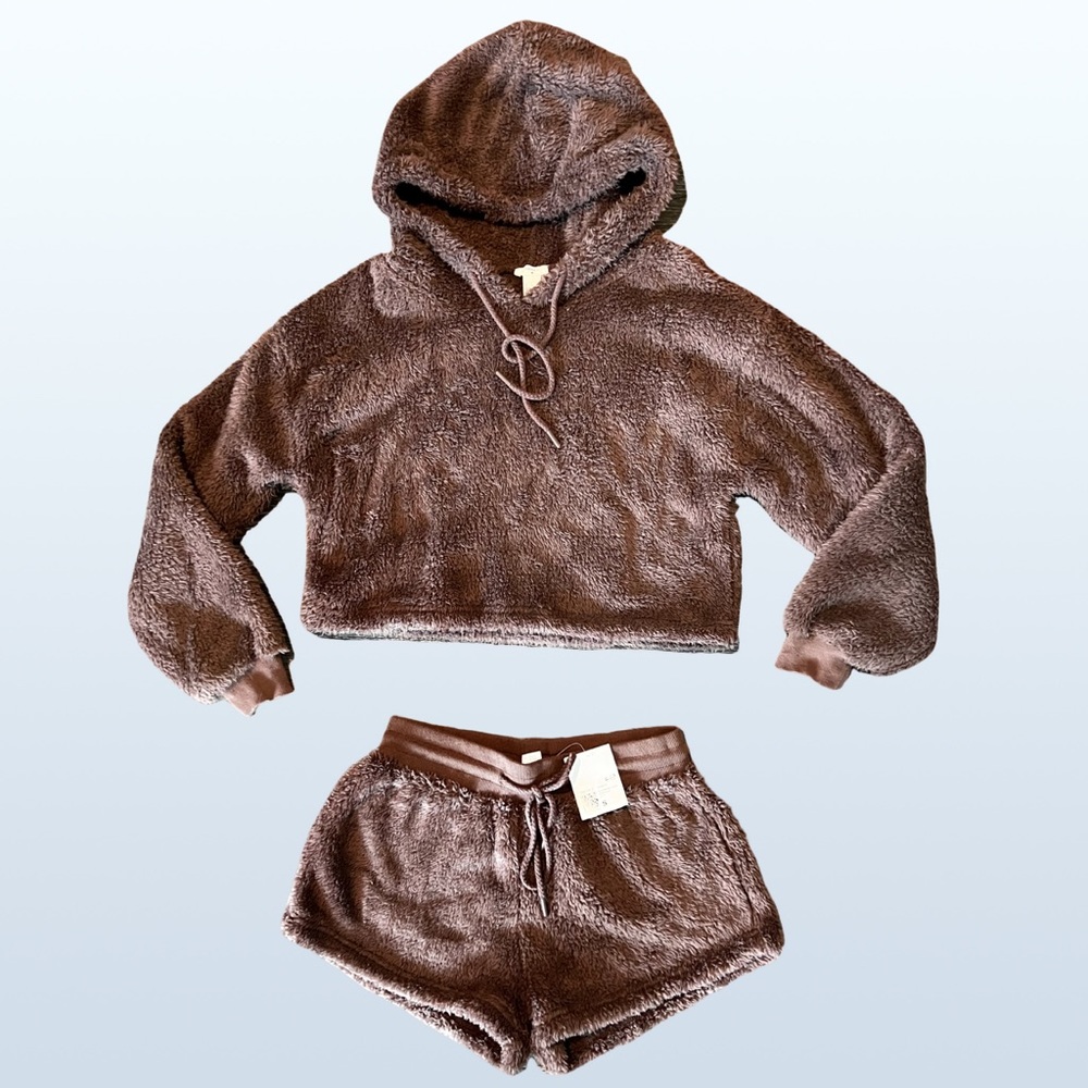 Forever 21 Plush Deep Taupe Drawstring Loungewear Crop Hoodie + Shorts